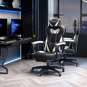Computer Gaming Chair, Racing Desk Chair with Lumbar Support and Footrest, PU Leather Gamer Chair with Headrest and Swivel Wheels for Home