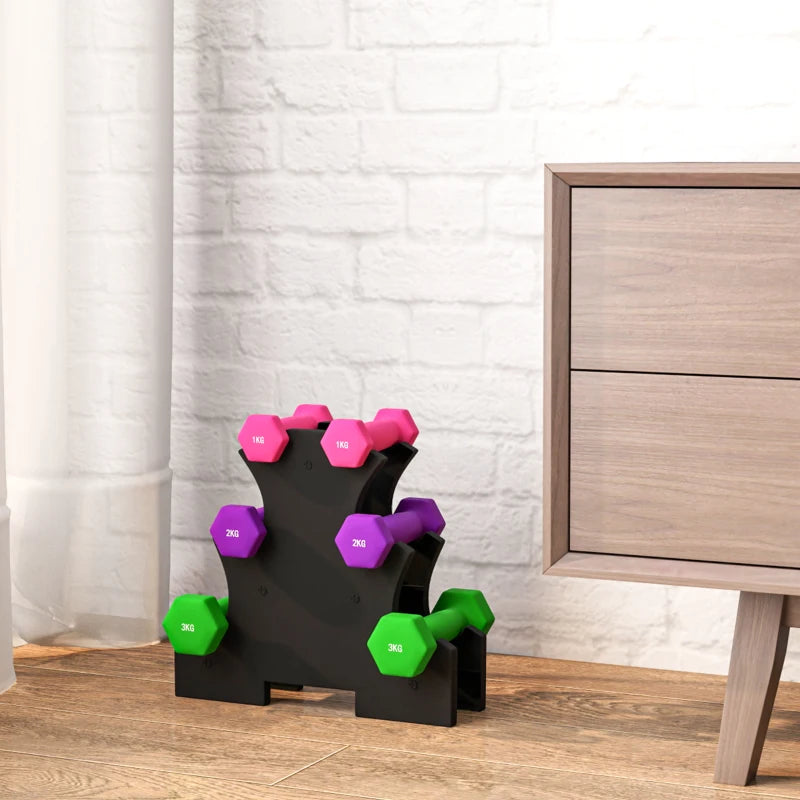 3 colour dumbbell set on its holder 