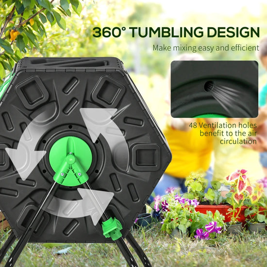 65L size: Great for light use, this garden compost bin will give you rich fertiliser between one-three months. Turn food waste into something useful for your plants.

Rotates: The 360° means you can easily turn this compost bin, mixing the inside contents without having to touch inside.

48 ventilation holes: Allows plenty of air inside this rotating composter, helping with the decomposition process.

Steel base: A strong base for this compost tumbler - keeping it supported with inner contents and when it's