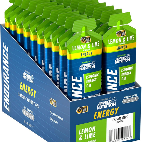 20 x60g lemon and lime,  Endurance Energy Isotonic Energy Gel sachets in a box from applied nutrition 