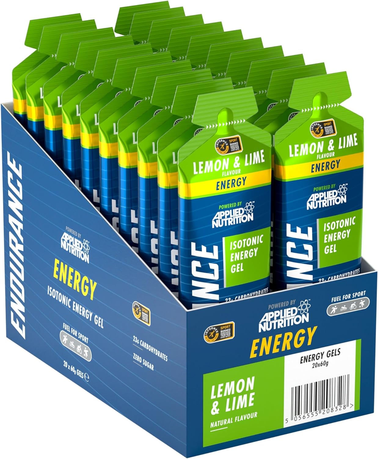 20 x60g lemon and lime,  Endurance Energy Isotonic Energy Gel sachets in a box from applied nutrition 