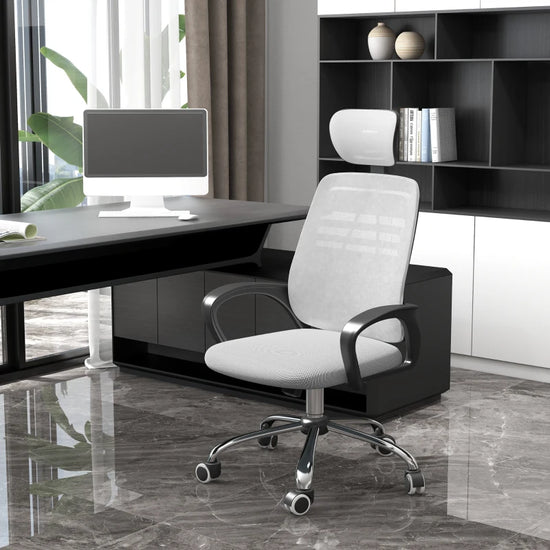 grey office chair, grey home desk chair, desk setup, chair with wheels, work, business chair with armrest head support and lumbar curve 