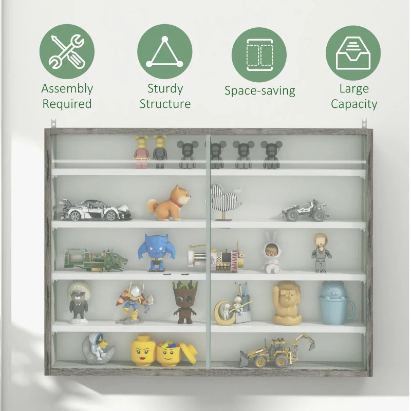 FIVE-TIER: There are four adjustable shelves and seven different positions to set in this glass cabinet, depending on what items you want to display. GLASS DOORS: Both move to the side, allowing easy access inside, whilst keeping everything protected. Smooth groove handles for opening and closing. PARTICLE BOARD FRAME: Ensures a tough and sturdy structure, making it safe and reliable for keeping everything displayed and in place on the wall. WALL MOUNTABLE: Perfect for places with little room, saving floor 