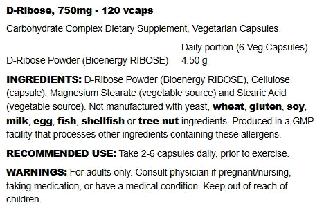D-Ribose - 750mg - 120 vcaps (Now Foods)