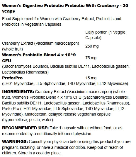 Women's Digestive Probiotic Prebiotic With Cranberry - 30 vcaps