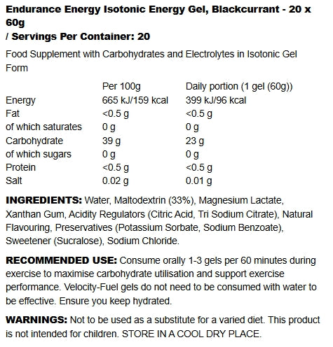 ingredients list of  Endurance Energy Isotonic Energy Gels