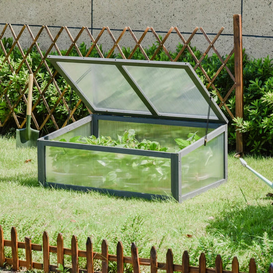 Effective protection: Transparent polycarbonate board keeps your plants warm and protects them from light wind and light rain. This wooden mini greenhouse can also extend growing season and offers ideal temperature for your lovely plants.

Good ventilation: The openable top cover can let fresh air and more sunshine in the small wooden greenhouse to help plants grow healthily and keep the whole small greenhouse with good ventilation.