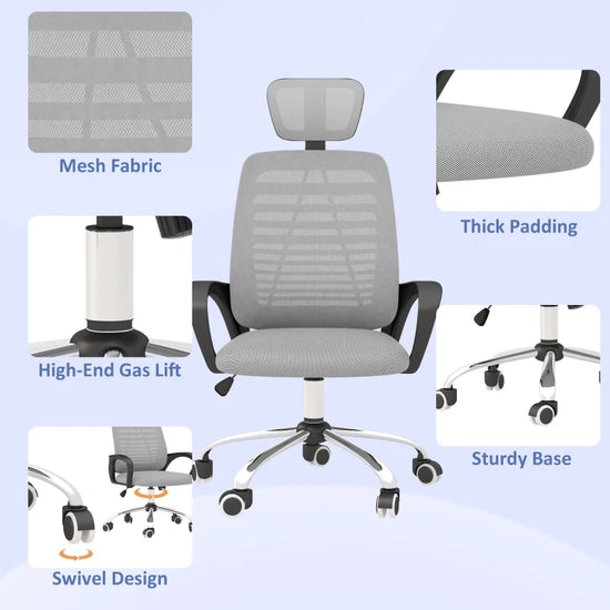 Back and neck support: Work chair has a high back and a head pillow. Keeps you comfortable for hours.

Dimensions: 114-122H x 63W x 66Dcm. Seat: 44-52 x 48W x 50Dcm. Maximum load 120kg. Assembly required.