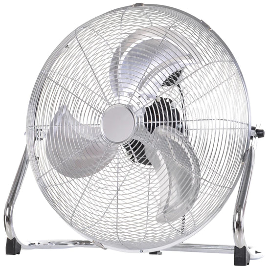 3 blade metal floor fan, with 3 speeds in silver that comes with stand 