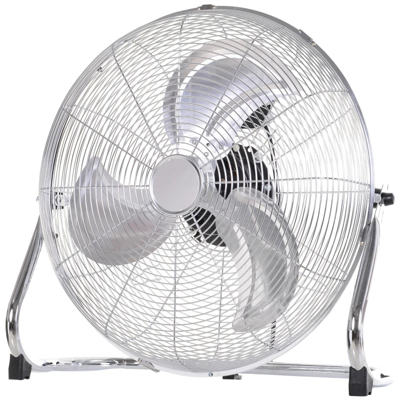 3 blade metal floor fan, with 3 speeds in silver that comes with stand 