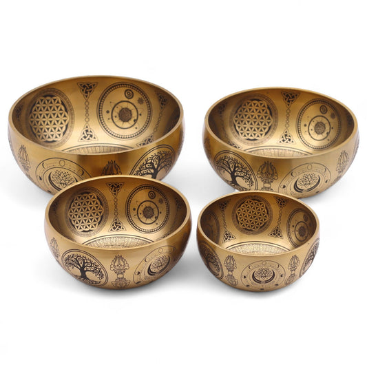 Pure Brass Etched Singing bowls - Buddha - Set of 4 -