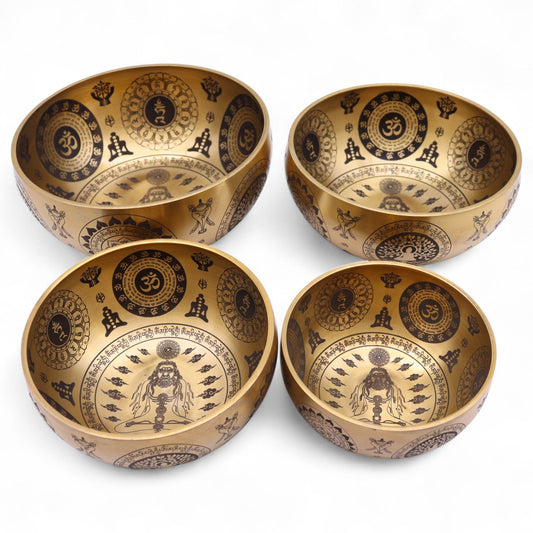 Set of 4, Pure Brass Etched Singing Bowls