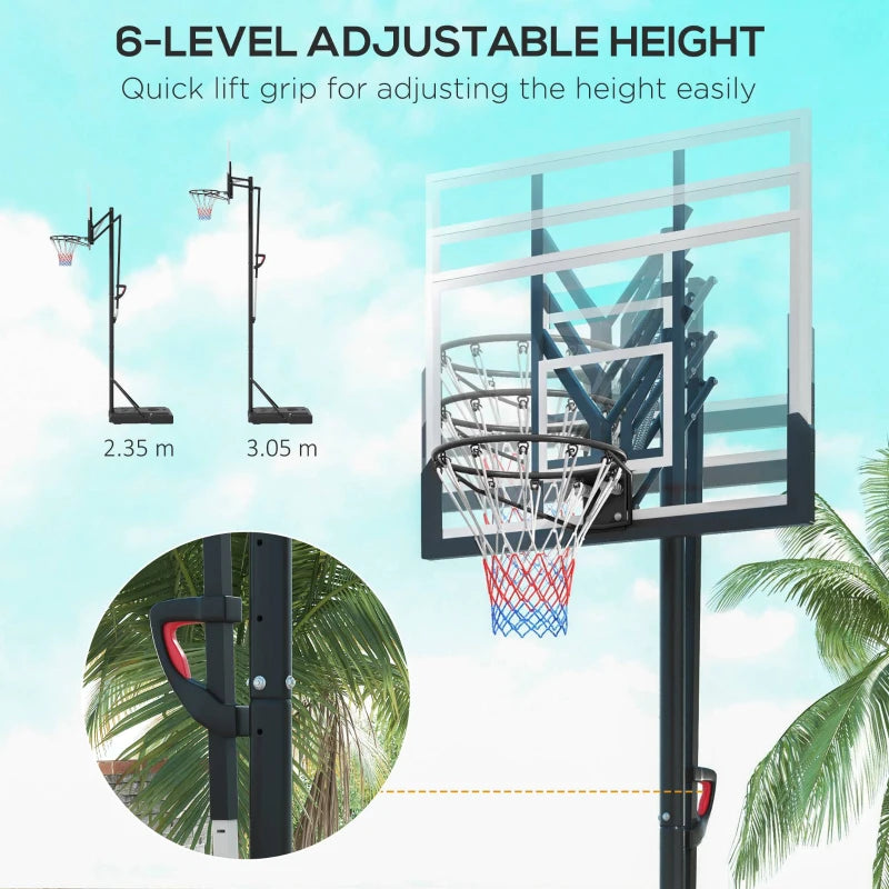 Height adjustable: This adjustable basketball hoop feature a 6-level height adjustment from 2.35m to 3.05m, ensuring players of all ages can enjoy the game at their preferred level. Quick lift grip for adjusting the height easily. Stable base: The base of this basketball stand can be filled with sand or water for stability, ensuring it stays firmly grounded during play. With a ball holder to hold the ball in place. Durable design: With a shatterproof backboard and shock-absorbing springs, this netball hoop 