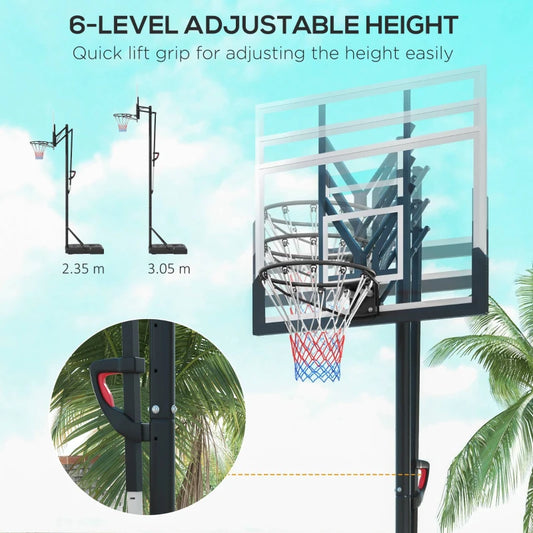 Height adjustable: This adjustable basketball hoop feature a 6-level height adjustment from 2.35m to 3.05m, ensuring players of all ages can enjoy the game at their preferred level. Quick lift grip for adjusting the height easily. Stable base: The base of this basketball stand can be filled with sand or water for stability, ensuring it stays firmly grounded during play. With a ball holder to hold the ball in place. Durable design: With a shatterproof backboard and shock-absorbing springs, this netball hoop 