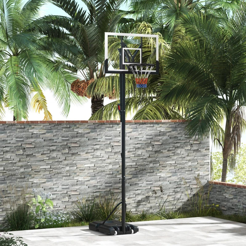 Height adjustable: This adjustable basketball hoop feature a 6-level height adjustment from 2.35m to 3.05m, ensuring players of all ages can enjoy the game at their preferred level. Quick lift grip for adjusting the height easily. Stable base: The base of this basketball stand can be filled with sand or water for stability, ensuring it stays firmly grounded during play. With a ball holder to hold the ball in place. Durable design: With a shatterproof backboard and shock-absorbing springs, this netball hoop 