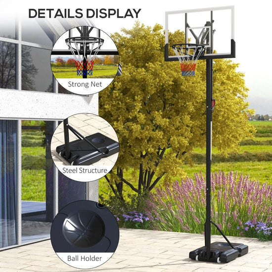 Height adjustable: This adjustable basketball hoop feature a 6-level height adjustment from 2.35m to 3.05m, ensuring players of all ages can enjoy the game at their preferred level. Quick lift grip for adjusting the height easily. Stable base: The base of this basketball stand can be filled with sand or water for stability, ensuring it stays firmly grounded during play. With a ball holder to hold the ball in place. Durable design: With a shatterproof backboard and shock-absorbing springs, this netball hoop 
