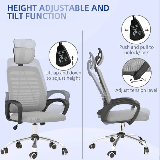 Comfortable: Swivel chair is padded, with a mesh back for air to circulate while you work.

Tilt function: Lean back and relax, when you're ready for a break. Tension knob to adjust.

Height adjustable: Set executive office chair to a position you find most comfortable. Headrest also moves up and down.