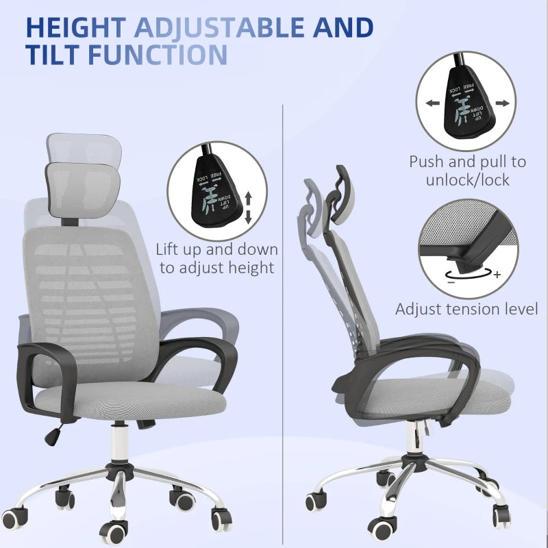 Comfortable: Swivel chair is padded, with a mesh back for air to circulate while you work.

Tilt function: Lean back and relax, when you're ready for a break. Tension knob to adjust.

Height adjustable: Set executive office chair to a position you find most comfortable. Headrest also moves up and down.