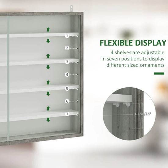 FIVE-TIER: There are four adjustable shelves and seven different positions to set in this glass cabinet, depending on what items you want to display. GLASS DOORS: Both move to the side, allowing easy access inside, whilst keeping everything protected. Smooth groove handles for opening and closing. PARTICLE BOARD FRAME: Ensures a tough and sturdy structure, making it safe and reliable for keeping everything displayed and in place on the wall. WALL MOUNTABLE: Perfect for places with little room, saving floor 