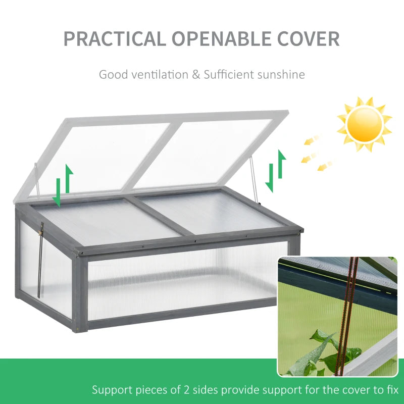 Effective protection: Transparent polycarbonate board keeps your plants warm and protects them from light wind and light rain. This wooden mini greenhouse can also extend growing season and offers ideal temperature for your lovely plants.

Good ventilation: The openable top cover can let fresh air and more sunshine in the small wooden greenhouse to help plants grow healthily and keep the whole small greenhouse with good ventilation.
