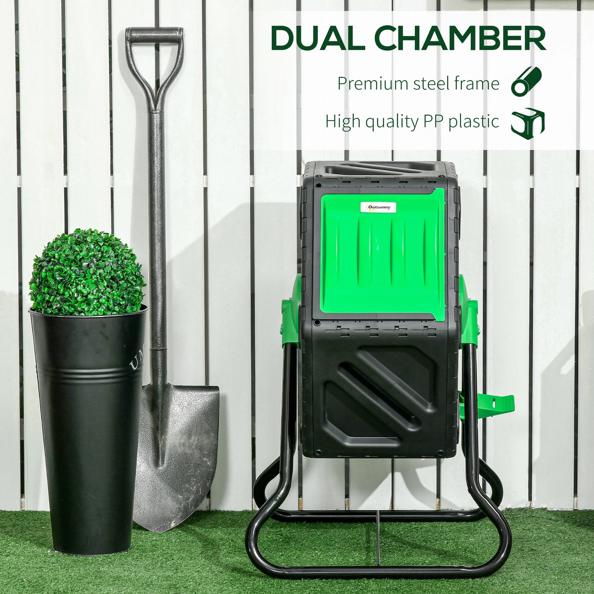 65L size: Great for light use, this garden compost bin will give you rich fertiliser between one-three months. Turn food waste into something useful for your plants.

Rotates: The 360° means you can easily turn this compost bin, mixing the inside contents without having to touch inside.

48 ventilation holes: Allows plenty of air inside this rotating composter, helping with the decomposition process.

Steel base: A strong base for this compost tumbler - keeping it supported with inner contents and when it's
