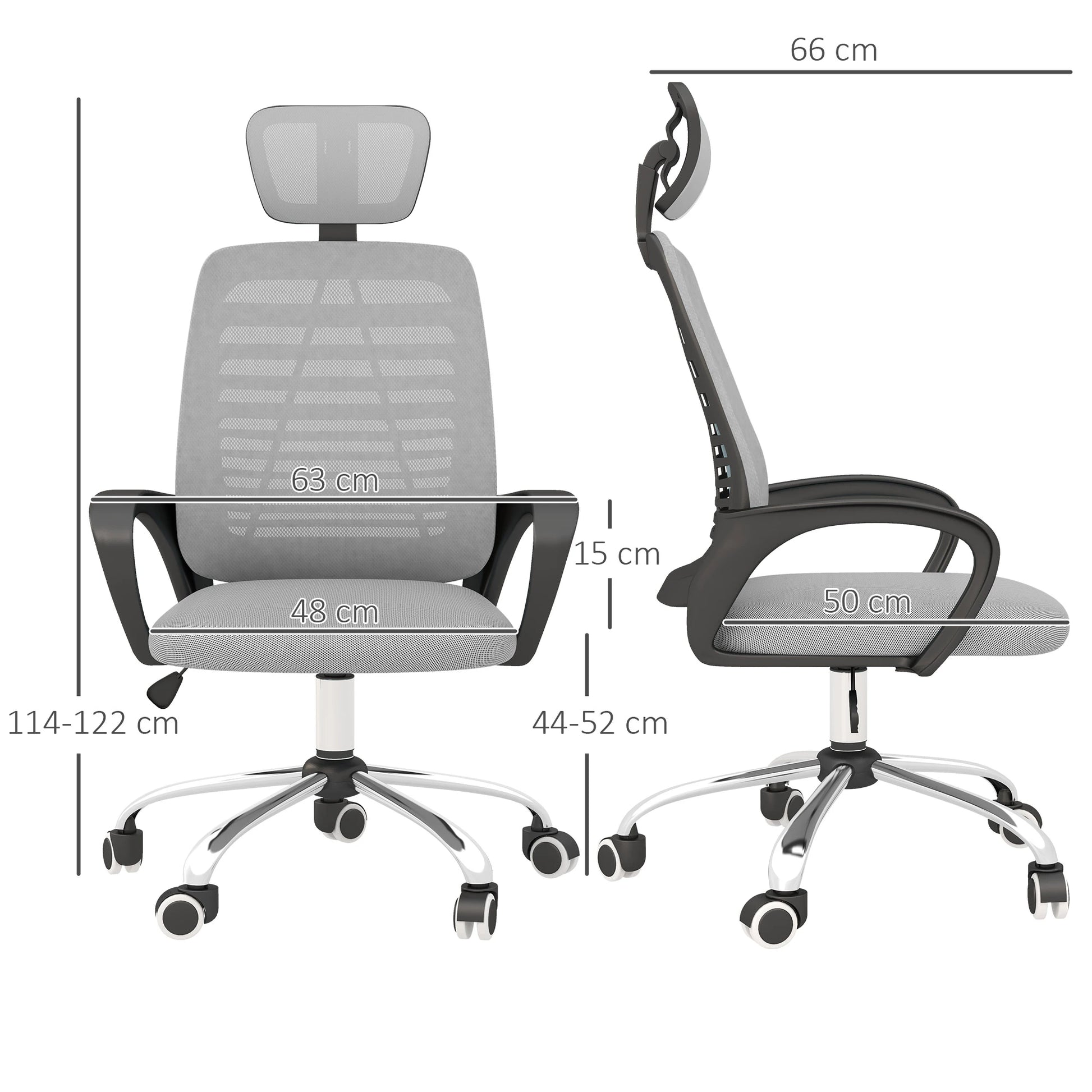 Back and neck support: Work chair has a high back and a head pillow. Keeps you comfortable for hours.

Dimensions: 114-122H x 63W x 66Dcm. Seat: 44-52 x 48W x 50Dcm. Maximum load 120kg. Assembly required.