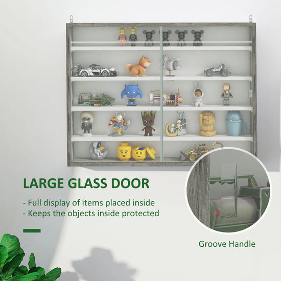 FIVE-TIER: There are four adjustable shelves and seven different positions to set in this glass cabinet, depending on what items you want to display. GLASS DOORS: Both move to the side, allowing easy access inside, whilst keeping everything protected. Smooth groove handles for opening and closing. PARTICLE BOARD FRAME: Ensures a tough and sturdy structure, making it safe and reliable for keeping everything displayed and in place on the wall. WALL MOUNTABLE: Perfect for places with little room, saving floor 
