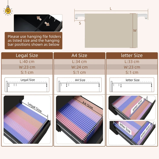 Three 40.5 x 30.5cm drawers: Mobile office cabinet offers three parts storage, so you can keep files organised. Three-level adjustable bar for hanging letter, A4 and legal sized files.

Steel body: A tough office drawer unit, this steel filing cabinet keeps everything protected inside. Made to be used everyday.

Lockable: Top lock on this mobile file cabinet secures all drawers - keeping your files secure. Great for when you're away from the office. Two keys included.

Wheeled base: Lockable cabinet can be 