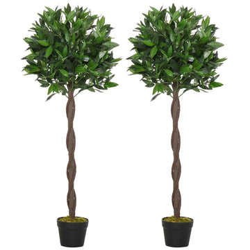 Set Of 2 120cm/4FT Artificial Bay Laurel Topiary Trees w/ Pot Fake Indoor Outdoor Greenery Plant Home Office Garden Decor Green