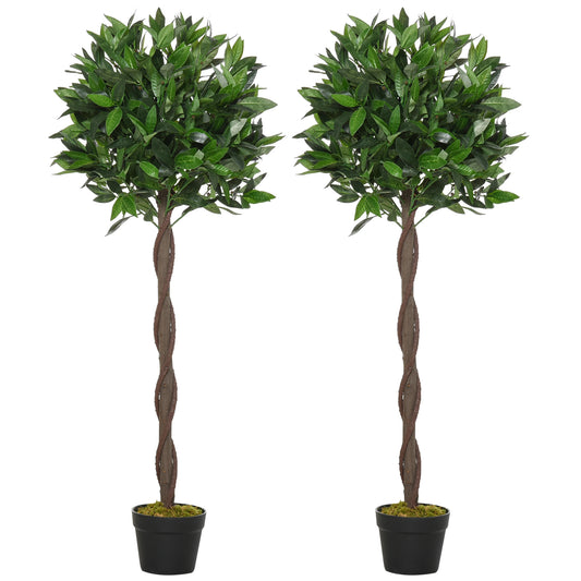 Set Of 2 120cm/4FT Artificial Bay Laurel Topiary Trees w/ Pot Fake Indoor Outdoor Greenery Plant Home Office Garden Decor Green