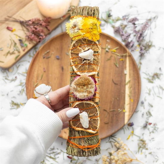 1- 9in Ritual Wand Smudge Stick with Rosemary, Palo Santo and Quartz