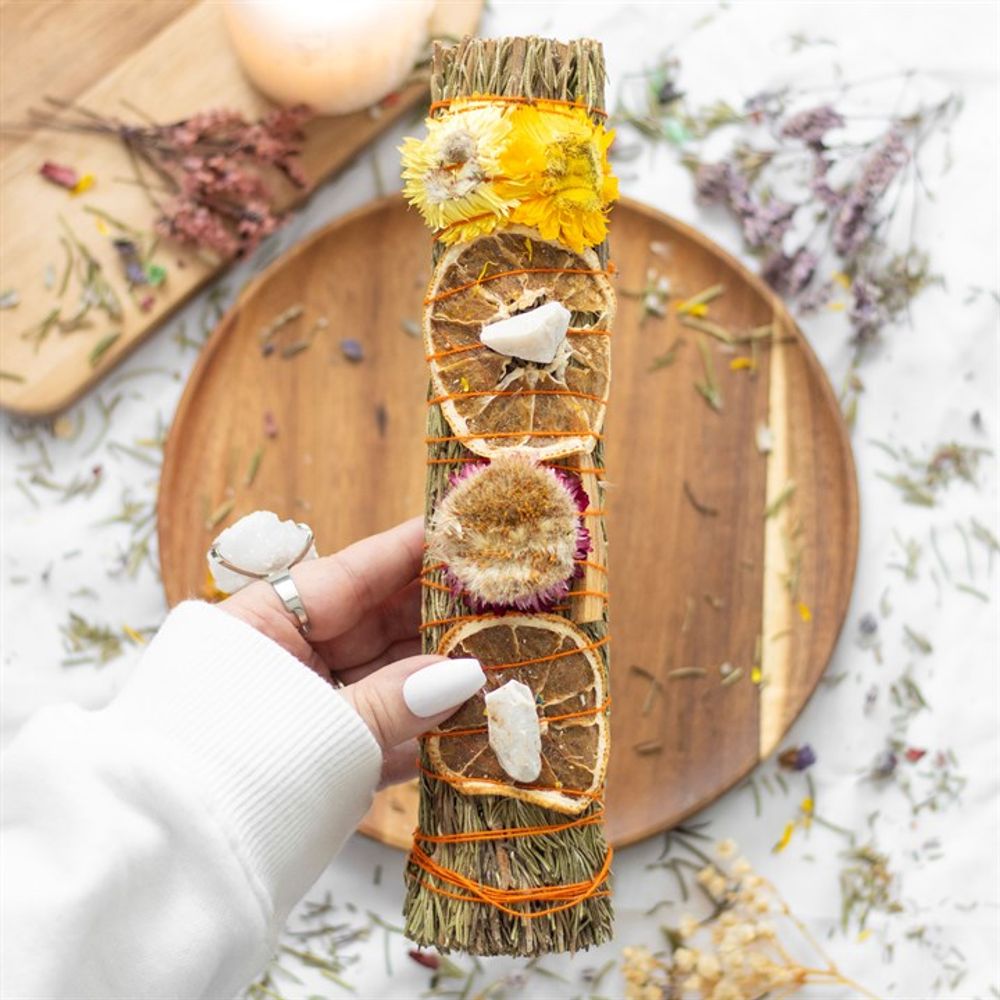1- 9in Ritual Wand Smudge Stick with Rosemary, Palo Santo and Quartz